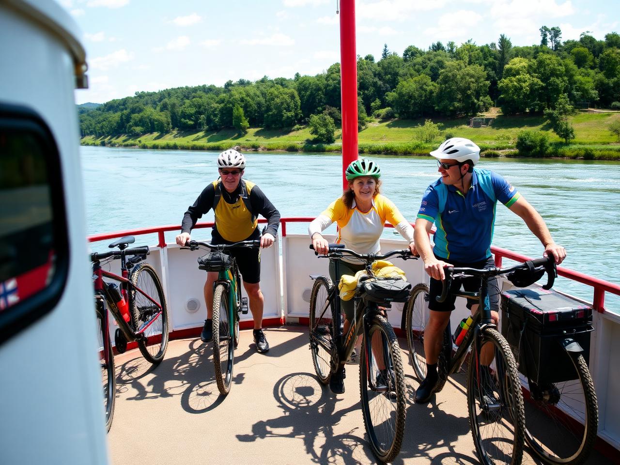 Rowerzyści z rowerami turystycznymi na pokładzie promu przez Wisłę